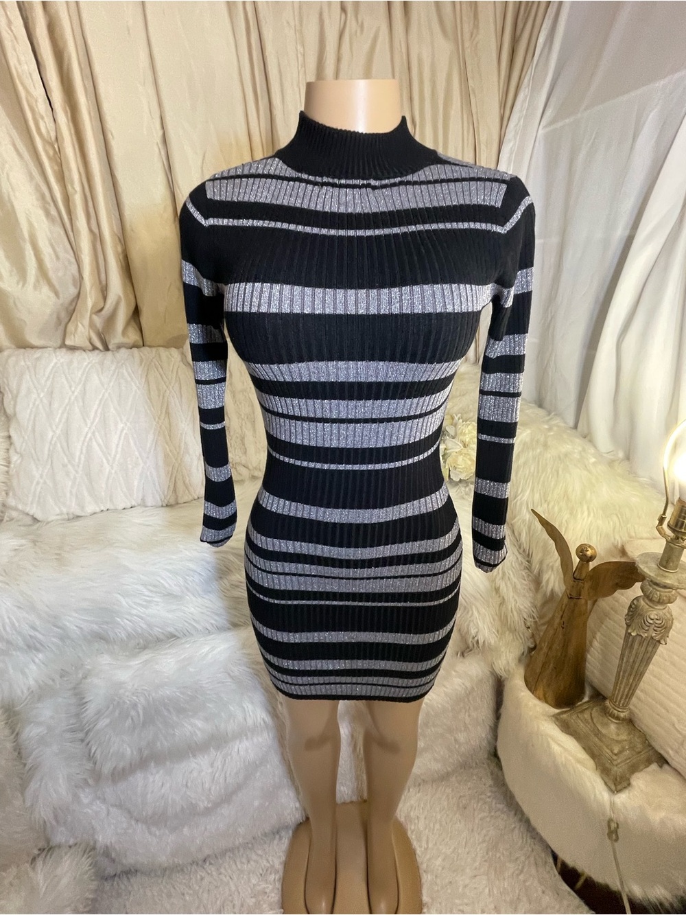 Say What? Black and Silver Striped Rib-Knit Mini Dress Size Small.